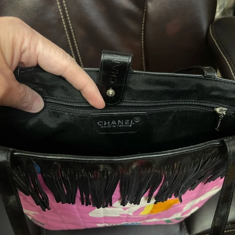 CHANEL vintage Pink Quilted Tote with Black Fringe and Colorful Accents